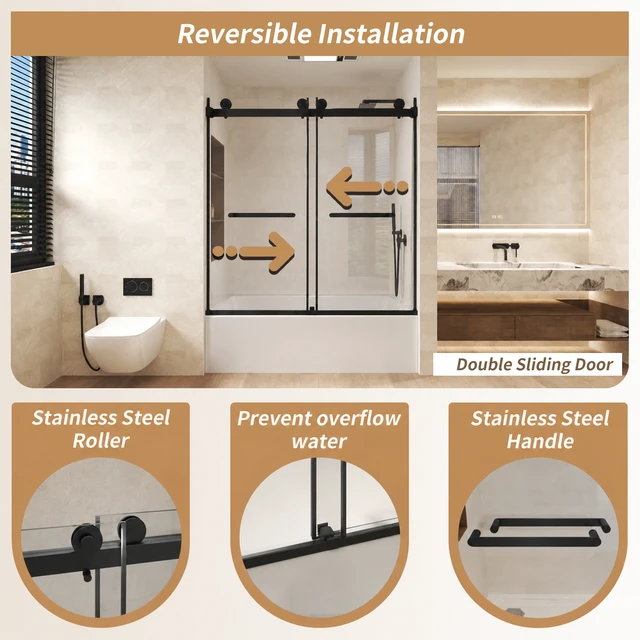 Alt view image 5 of 7 - Frameless Double Sliding Shower Door 56 to 60 Inch 62 Inch, 16 8 mm Tempered Glass Explosion Proof Film Stainless
