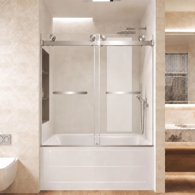 Main image of Frameless Double Sliding Shower Door 56 to 60 Inch 62 Inch, 16 8 mm Tempered Glass Explosion Proof Film Stainless