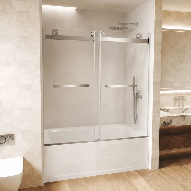 Alt view image 3 of 7 - Frameless Double Sliding Shower Door 56 to 60 Inch 62 Inch, 16 8 mm Tempered Glass Explosion Proof Film Stainless