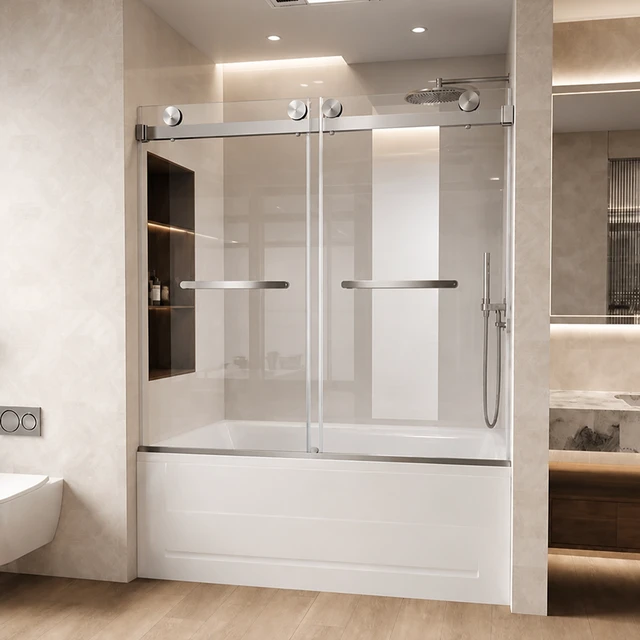 Alt view image 2 of 7 - Frameless Double Sliding Shower Door 56 to 60 Inch 62 Inch, 16 8 mm Tempered Glass Explosion Proof Film Stainless