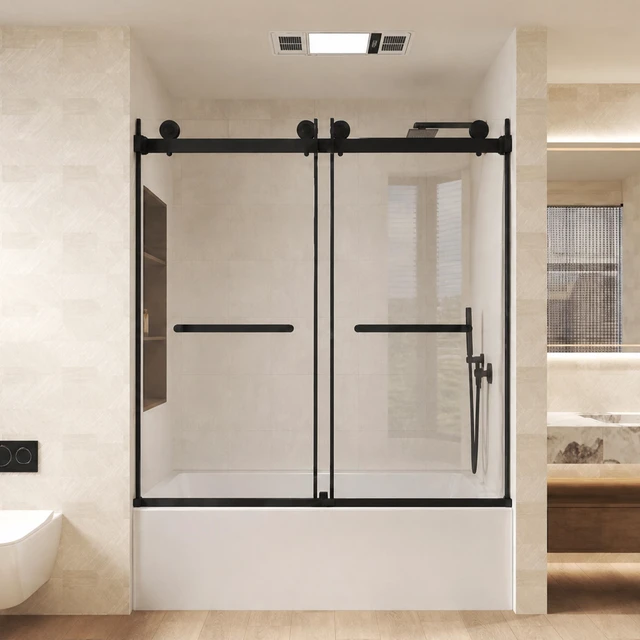 Main image of Frameless Double Sliding Shower Door 56 to 60 Inch 62 Inch, 16 8 mm Tempered Glass Explosion Proof Film Stainless