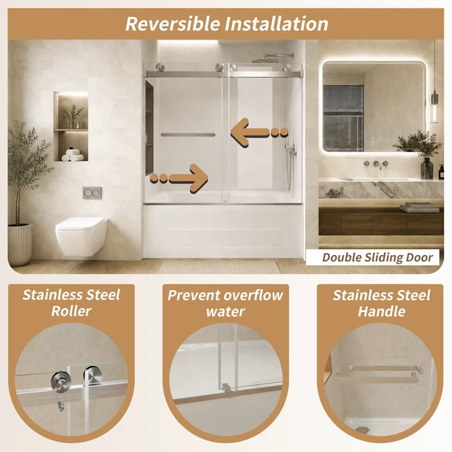 Alt view image 4 of 7 - Frameless Double Sliding Shower Door 56 to 60 Inch 62 Inch, 16 8 mm Tempered Glass Explosion Proof Film Stainless