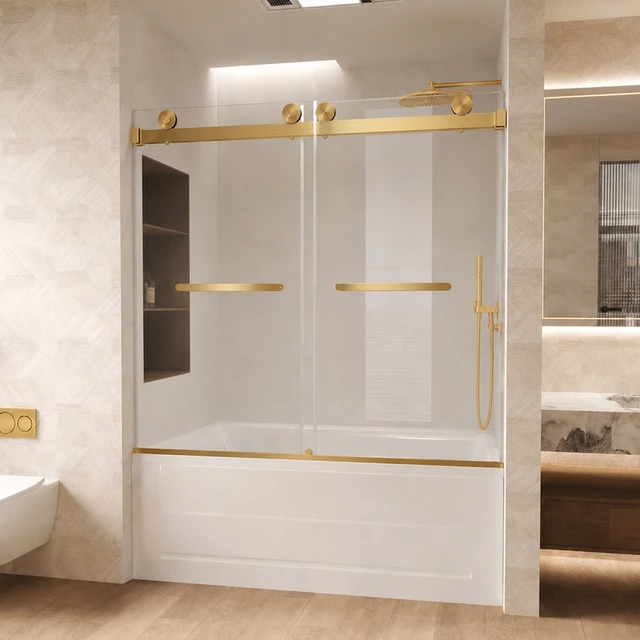 Alt view image 2 of 7 - Frameless Double Sliding Shower Door 56 to 60 Inch 62 Inch, 16 8 mm Tempered Glass Explosion Proof Film Stainless