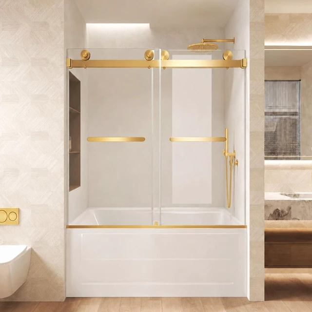 Main image of Frameless Double Sliding Shower Door 56 to 60 Inch 62 Inch, 16 8 mm Tempered Glass Explosion Proof Film Stainless