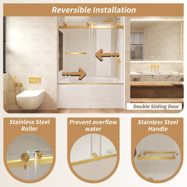 Alt view image 4 of 7 - Frameless Double Sliding Shower Door 56 to 60 Inch 62 Inch, 16 8 mm Tempered Glass Explosion Proof Film Stainless