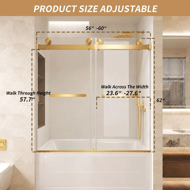 Alt view image 7 of 7 - Frameless Double Sliding Shower Door 56 to 60 Inch 62 Inch, 16 8 mm Tempered Glass Explosion Proof Film Stainless