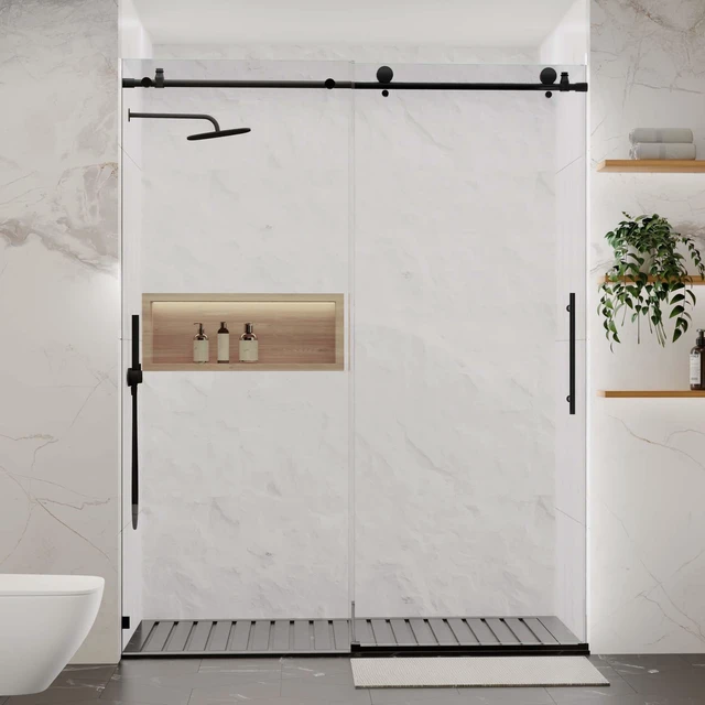 Main image of 56 to 60 Inch 76 Inch Sliding Shower Door, Frameless Glass Shower Door Drop Available, Matt Black, Tempered Glass