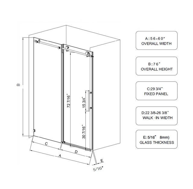 Alt view image 6 of 6 - 56 to 60 Inch 76 Inch Sliding Shower Door, Frameless Glass Shower Door Drop Available, Matt Black, Tempered Glass