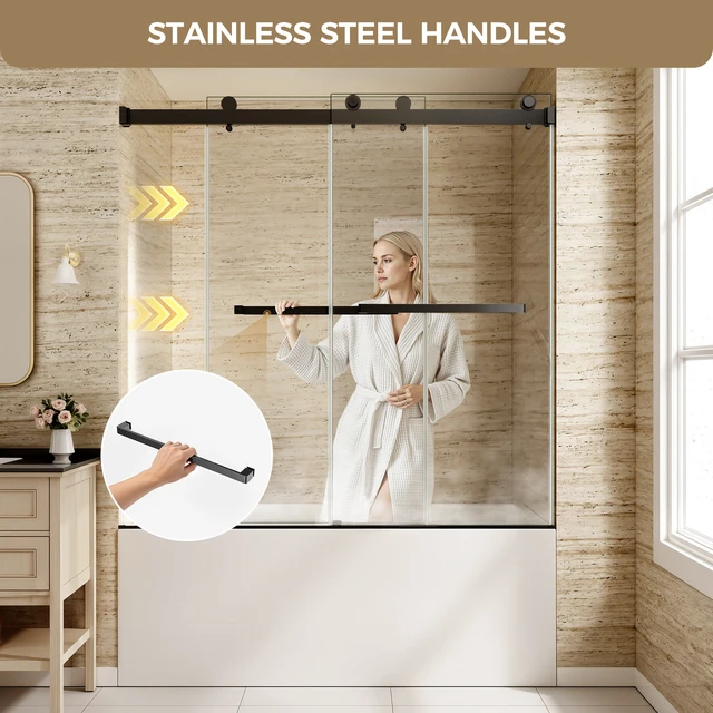 Alt view image 5 of 7 - 60 Inch 60 Inch Frameless Double Sliding Shower Door, Bathtub Door 16 8 mm Tempered Glass Explosion Proof Film