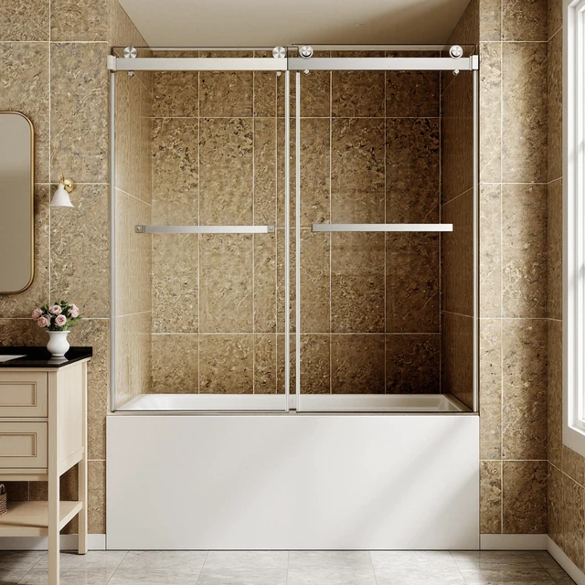 Main image of 60 Inch 60 Inch Frameless Double Sliding Shower Door, Bathtub Door 16 8 mm Tempered Glass Explosion Proof Film Nano