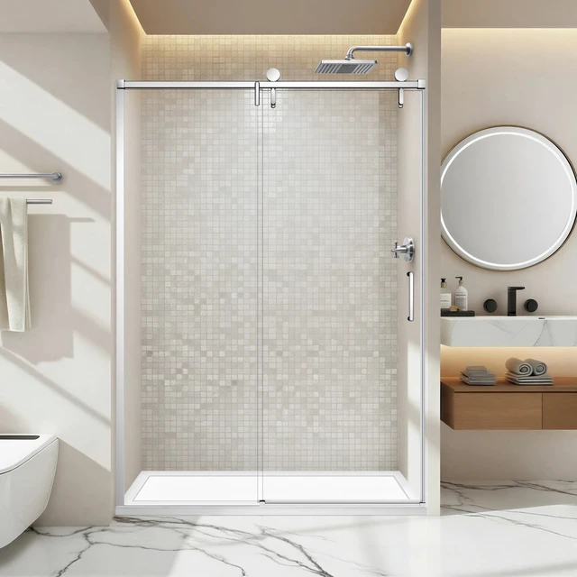 Alt view image 2 of 7 - 57 to 60 78 Inch Frame Single Sliding Soft Close Shower Doors, Sliding Shower Door 8 mm SGCC Tempered Glass for Sliver