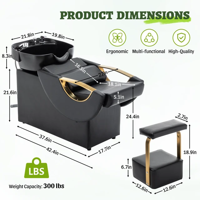 Alt view image 2 of 7 - Large Shampoo Bowl and Chair Set with Footstool and Barber Backwash Chair, Heavy Duty 300 LBS Hair Washing with ABS
