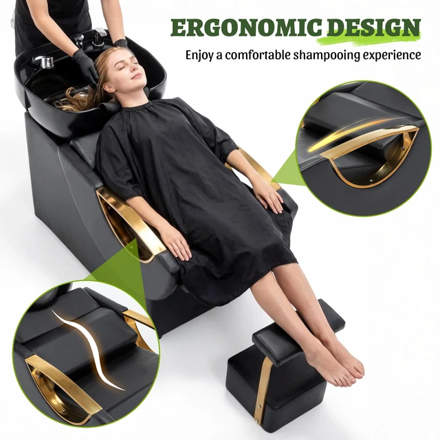 Alt view image 3 of 7 - Large Shampoo Bowl and Chair Set with Footstool and Barber Backwash Chair, Heavy Duty 300 LBS Hair Washing with ABS