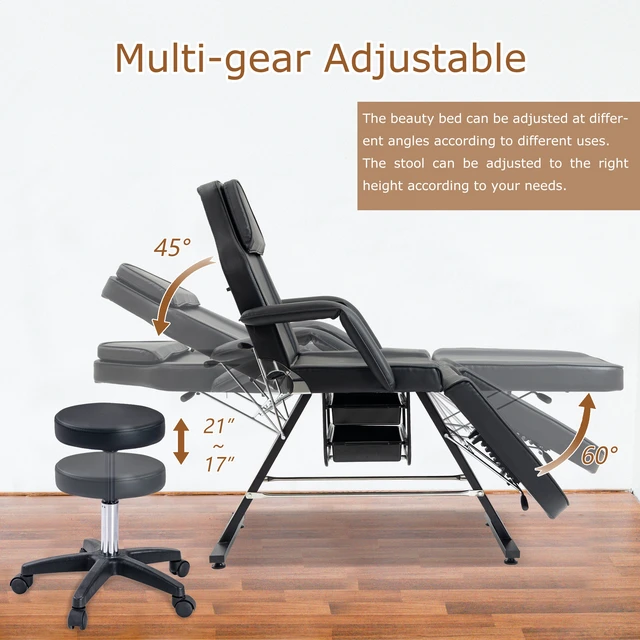 Alt view image 3 of 7 - Massage Salon Tattoo Chair with Two Trays Esthetician Bed with Hydraulic Stool, Purpose 3 Section Facial Bed Table
