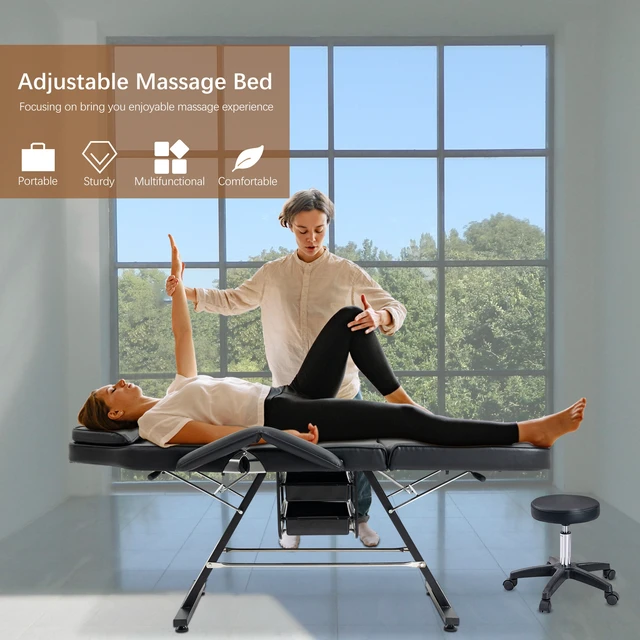Alt view image 6 of 7 - Massage Salon Tattoo Chair with Two Trays Esthetician Bed with Hydraulic Stool, Purpose 3 Section Facial Bed Table
