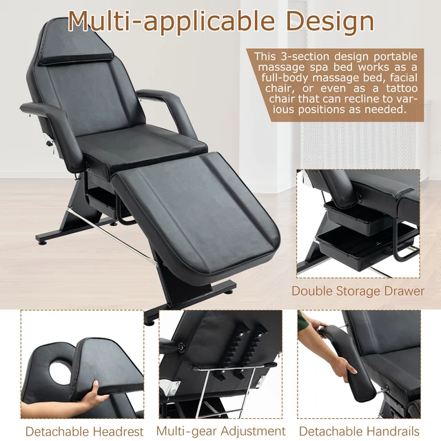 Alt view image 4 of 7 - Massage Salon Tattoo Chair with Two Trays Esthetician Bed with Hydraulic Stool, Purpose 3 Section Facial Bed Table