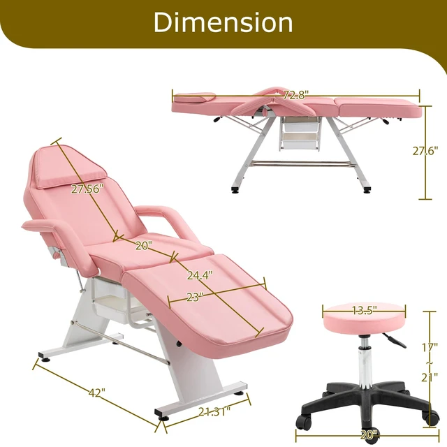 Alt view image 2 of 7 - Massage Salon Tattoo Chair with Two Trays Esthetician Bed with Hydraulic Stool, Purpose 3 Section Facial Bed Table