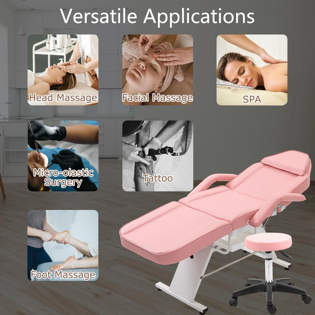 Alt view image 5 of 7 - Massage Salon Tattoo Chair with Two Trays Esthetician Bed with Hydraulic Stool, Purpose 3 Section Facial Bed Table