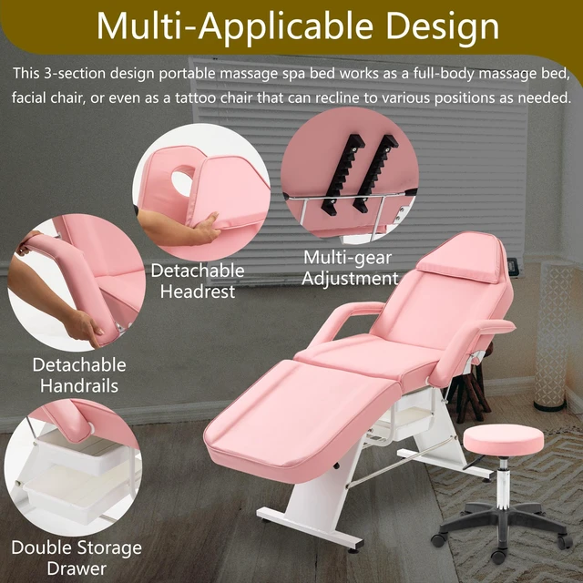 Alt view image 4 of 7 - Massage Salon Tattoo Chair with Two Trays Esthetician Bed with Hydraulic Stool, Purpose 3 Section Facial Bed Table