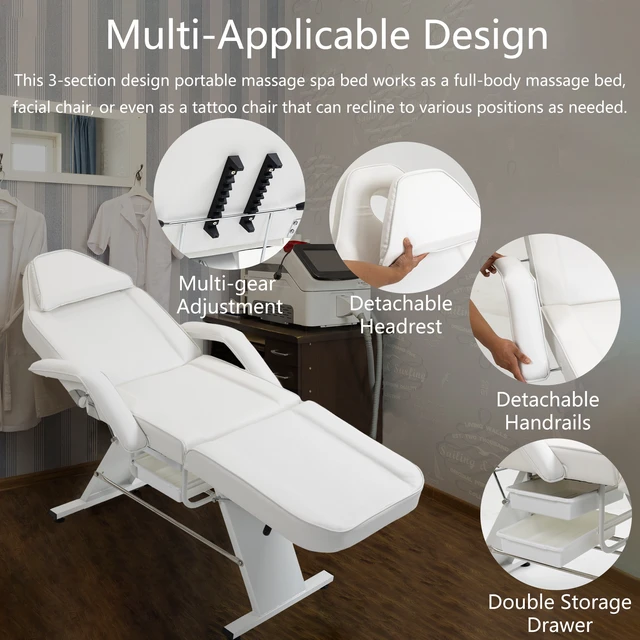 Alt view image 6 of 7 - Massage Salon Tattoo Chair with Two Trays Esthetician Bed with Hydraulic Stool, Purpose 3 Section Facial Bed Table