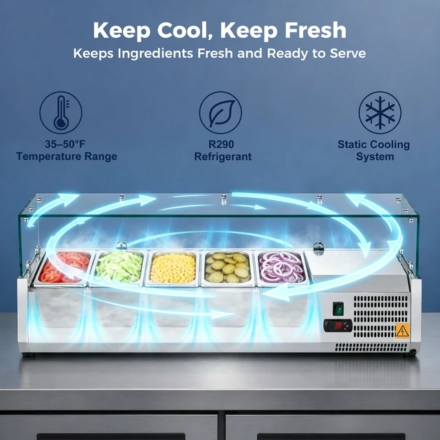 Alt view image 3 of 7 - 47 Inch Refrigerated Condiment Prep Station, Countertop Topping Cooler Includes 5 Pans 35, Silver, Stainless Steel