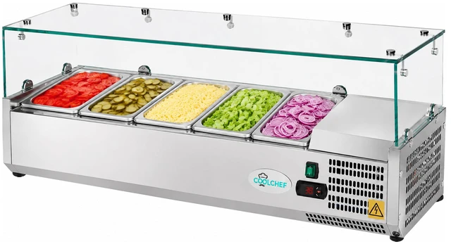 Main image of 47 Inch Refrigerated Condiment Prep Station, Countertop Topping Cooler Includes 5 Pans 35, Silver, Stainless Steel