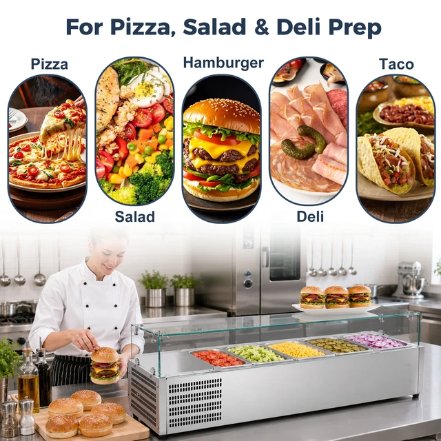Alt view image 5 of 7 - 47 Inch Refrigerated Condiment Prep Station, Countertop Topping Cooler Includes 5 Pans 35, Silver, Stainless Steel