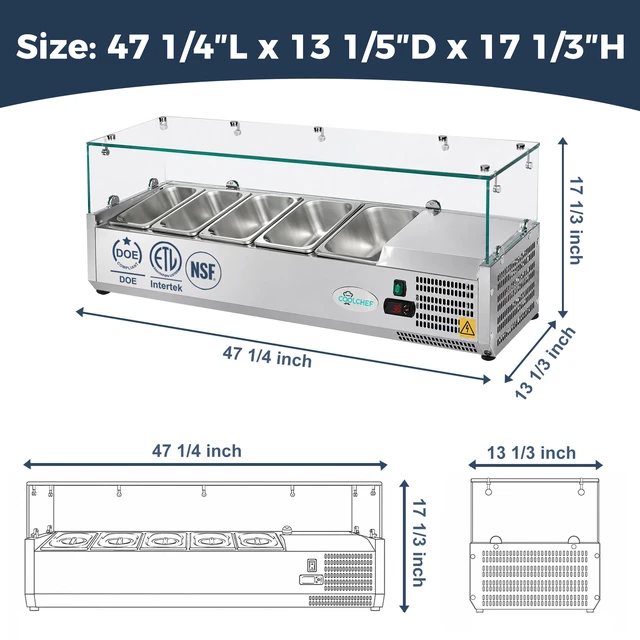 Alt view image 7 of 7 - 47 Inch Refrigerated Condiment Prep Station, Countertop Topping Cooler Includes 5 Pans 35, Silver, Stainless Steel
