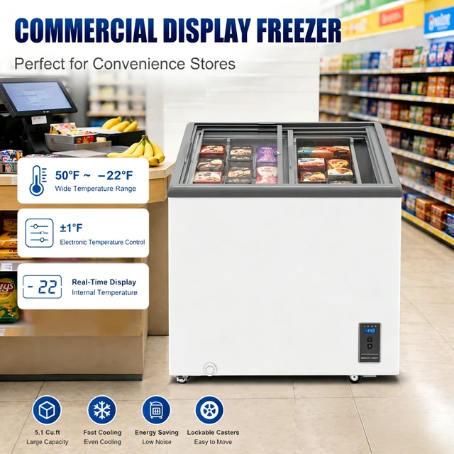 Alt view image 2 of 7 - ft Commercial Display Chest Freezer Inverter Energy Saving Ice Freezer with Sliding Low Glass Door Digital Temperature