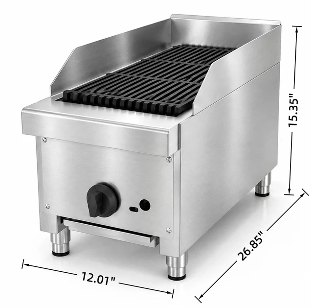 Alt view image 5 of 7 - 12 Inch Commercial Countertop Gas Charbroiler, Radiant Heat Broiler with Cast Iron Grates Stainless Steel Tabletop