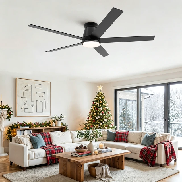 Alt view image 3 of 7 - 60 Inch Flush Mount Ceiling Fan, Low Profile Ceiling Fan Motor Reversible Speed Dimmable LED for Living Dining, Black
