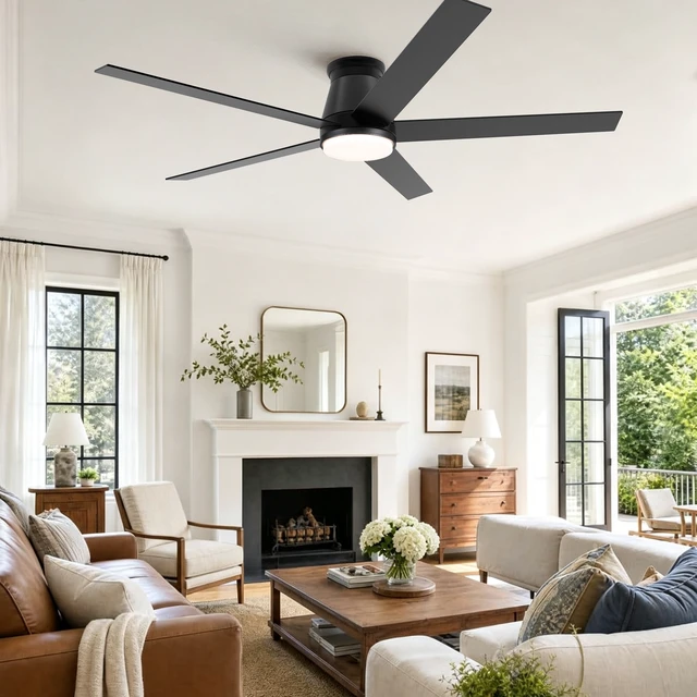Alt view image 2 of 7 - 60 Inch Flush Mount Ceiling Fan, Low Profile Ceiling Fan Motor Reversible Speed Dimmable LED for Living Dining, Black