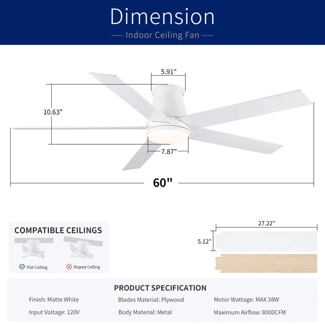 Alt view image 5 of 7 - 60 Inch Flush Mount Ceiling Fan, Low Profile Ceiling Fan Motor Reversible Speed Dimmable LED for Living Dining, White
