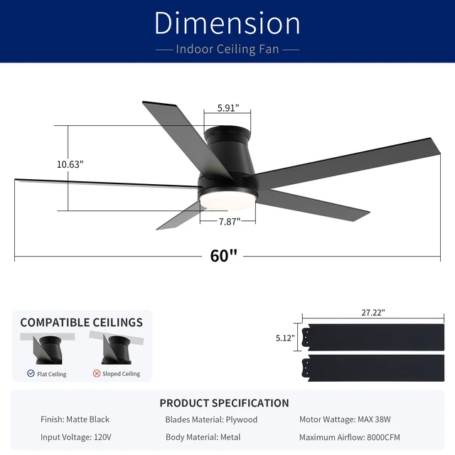Alt view image 5 of 7 - 60 Inch Flush Mount Ceiling Fan, Low Profile Ceiling Fan Motor Reversible Speed Dimmable LED for Living Dining, Black