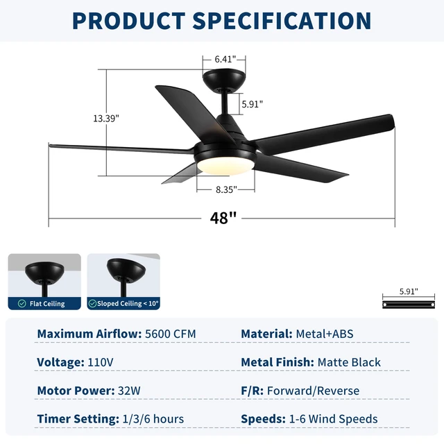 Alt view image 7 of 7 - 48 Inch Ceiling Fan with Lights and Remote Control, Ceiling Fan Reversible Motor Speeds Cct Dimmable LED Quiet Timer