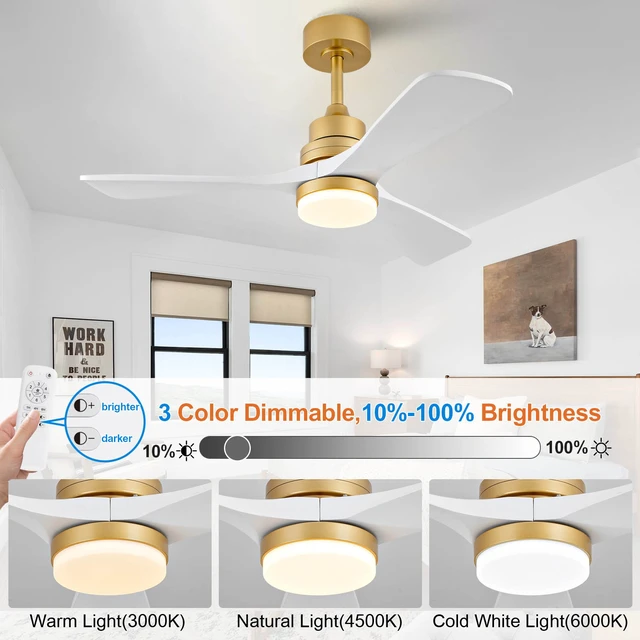 Alt view image 7 of 7 - Sales 42 Inch Indoor Ceiling Fan with Dimmable LED Solid Blades Remote Control Reversible Motor, Gold White, Solid