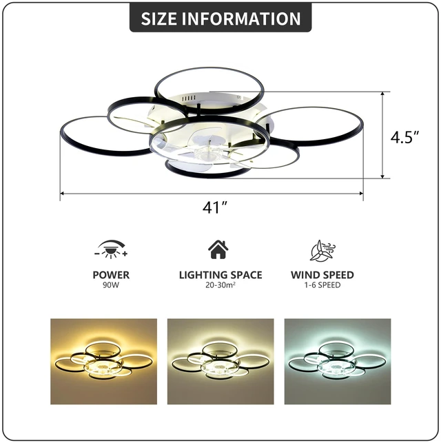 Alt view image 6 of 7 - 41 Inch Flush Mount Ceiling Fan with Tri Color, Speed Wind Low Profile Ceiling Fans with LED and Remote Control