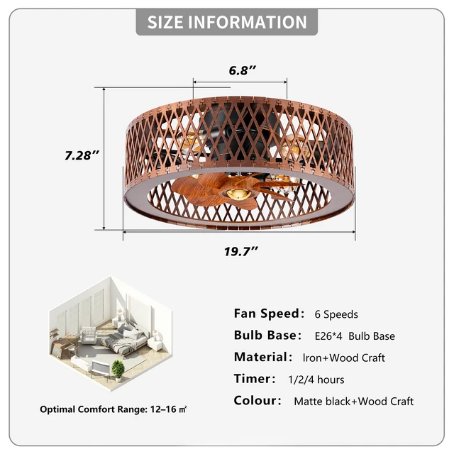 Alt view image 6 of 7 - 20 Inch Grid Caged Ceiling Fan with and Remote, 20 Inch Fandelider Ceiling Fan with Flush Mount Bladeless Fans