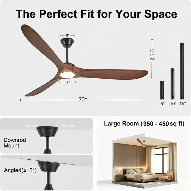 Alt view image 7 of 7 - 70 in Ceiling Fan with Lights, Comes with Wall Control and Remote Six Speed Reversible Motor Three Color Temperatures