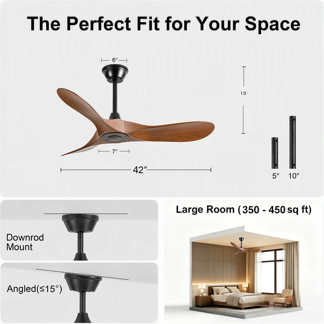 Alt view image 7 of 7 - 42 in Ceiling Fan Without Lights, Equipped with Wall Control and Remote Control Speed Settings Reverse Motor 3 Piece