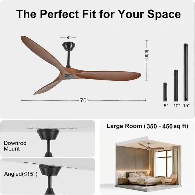 Alt view image 6 of 7 - 70 in Ceiling Fan Without Lights, Equipped with Wall Control and Remote Control Speed Settings Reverse Motor 3 Piece