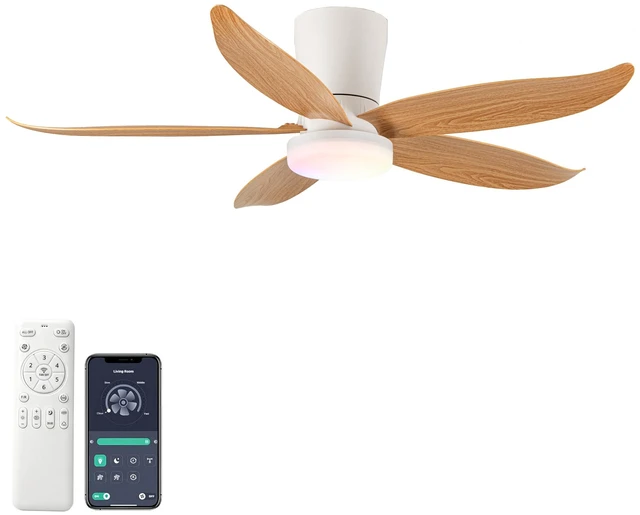 Main image of 42 in Ceiling Fan, Flush Mount Wood Grain Equipped with Remote Control Reversible Motor Color Dimmable RGB Lighting ABS