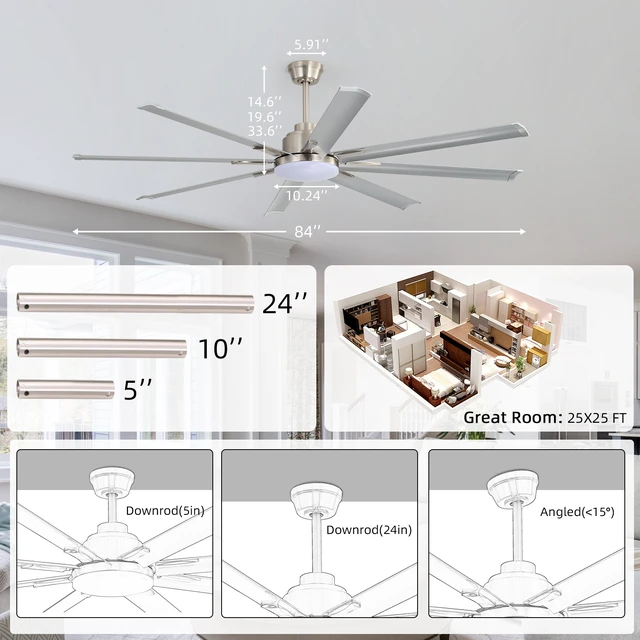 Alt view image 6 of 7 - 84 Inch Motor Ceiling Fan with Dimmable and Blade Aluminum Blades, Nickel, Aluminium, Fans