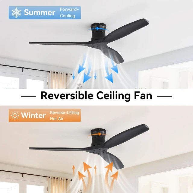 Alt view image 2 of 7 - 52 Inch Ceiling Fan, Flush Mount Low Profile Blades with Remote Control Quite Motor, Black, Metal and Wood, Fans