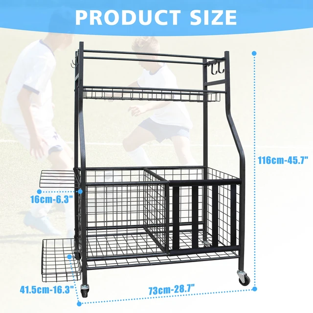 Alt view image 2 of 7 - Sports Equipment Organizer, Large Capacity Ball Storage Rack Rolling Ball Cart with Wheels for Indoor and Outdoor