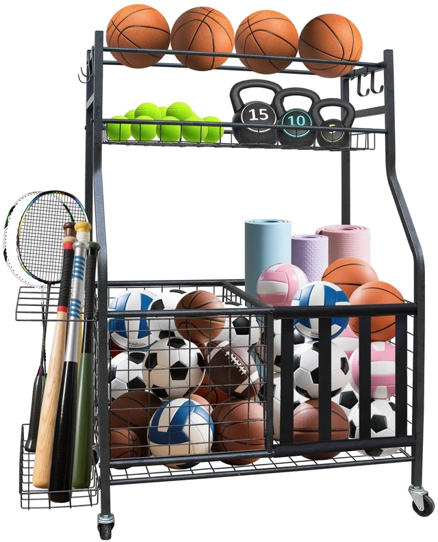 Main image of Sports Equipment Organizer, Large Capacity Ball Storage Rack Rolling Ball Cart with Wheels for Indoor and Outdoor