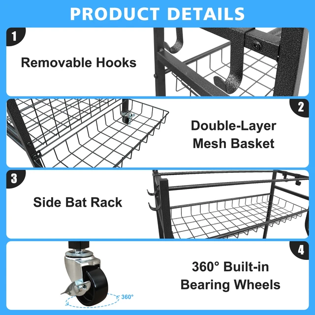 Alt view image 3 of 7 - Sports Equipment Organizer, Large Capacity Ball Storage Rack Rolling Ball Cart with Wheels for Indoor and Outdoor