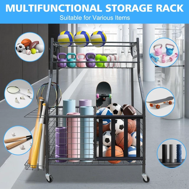Alt view image 6 of 7 - Sports Equipment Organizer, Large Capacity Ball Storage Rack Rolling Ball Cart with Wheels for Indoor and Outdoor