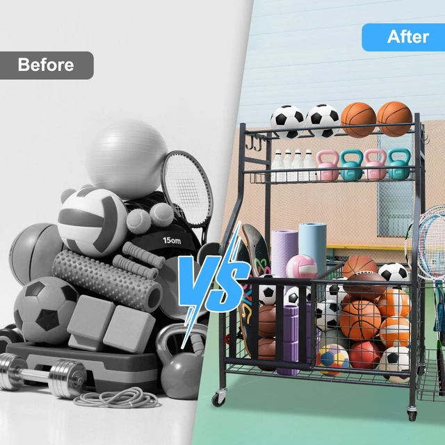 Alt view image 7 of 7 - Sports Equipment Organizer, Large Capacity Ball Storage Rack Rolling Ball Cart with Wheels for Indoor and Outdoor