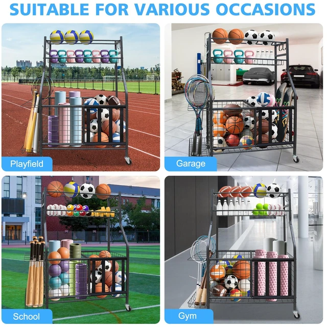 Alt view image 4 of 7 - Sports Equipment Organizer, Large Capacity Ball Storage Rack Rolling Ball Cart with Wheels for Indoor and Outdoor